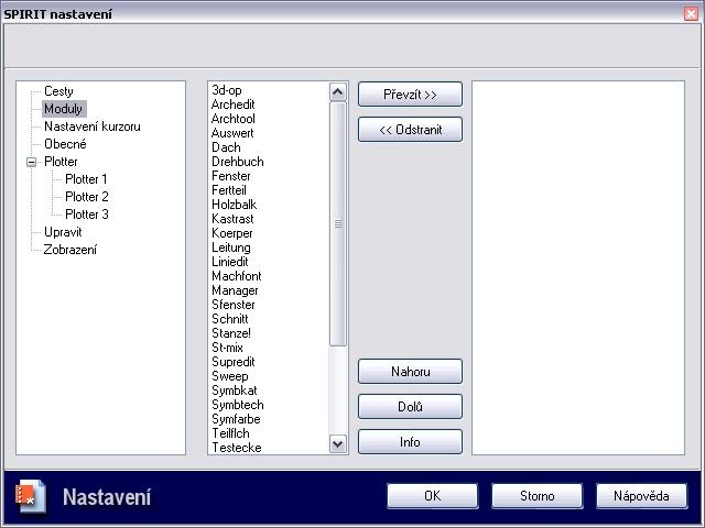 116 SPIRIT 11 nové funkce Moduly (Dialogové okno SPIRIT nastavení) Panel nastavení modulů, které jsou k dispozici v menu MODULY Na tomto panelu najdete všechny moduly, které se implicitně nacházejí v