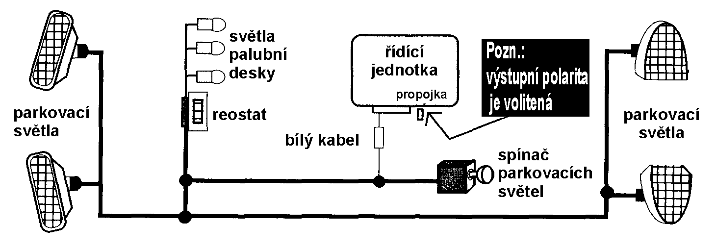 +12V nebo (-) lze zvolit pomocí černé propojky umístněné vedle 12pin konektoru. Připojte tento kabel k okruhu parkovacích světel dle obrázku níže.