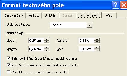 podokně snímku Texty v polích Formát automatického tvaru (Kontextové menu Formát ) Kotvicí bod je místo, v němž při psaní začíná text.