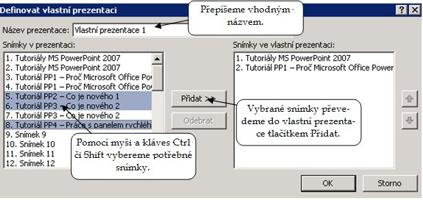 Stisknutím tlačítka Nová otevřeme dialogové okno Definovat vlastní prezentaci.