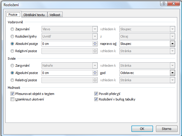 ostatní volby znamenají, že objekt bude na textu odstavce nezávislý. A v případě nezaškrtnutí volby Přesouvat objekt s textem bude objekt nezávislý i na odstavci.