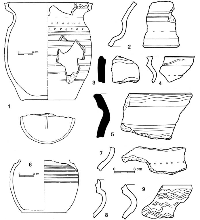 Archeologické rozhledy LXII 2010 353 Obr. 5. Keramika z obj. 1/2008 (vyplněný profil grafitová keramika). Fig. 5. Pottery from feature 1/2008.