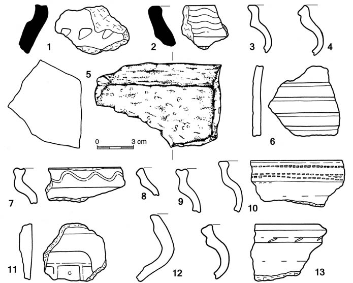 354 VÍCH: Stfiedovûká studna ve Vraclavi Obr. 6. Nálezy z obj. 1/2008. 5 kámen, ostatní keramika (vyplněný profil grafitová keramika; 5 kreslila M. Fábiková). Fig. 6. Finds from feature 1/2008.
