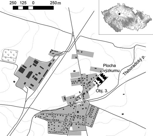 Archeologické rozhledy LXII 2010 301 Obr. 1. Třeboradice VPačátkách, 2008. Poloha zkoumané plochy. Polohu obj. 3 ukazuje šipka. Fig. 1. Třeboradice VPačátkách, 2008. Location of studied area.