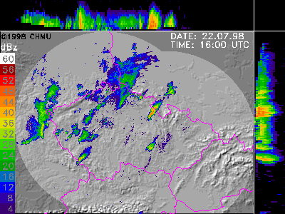 Interpretace konvektivní oblačnost Meteocíle konvektivního charakteru : existence výrazných jader s vyšší odrazivostí často buněčná struktura velká časová proměnlivost doba života jednotlivých buněk