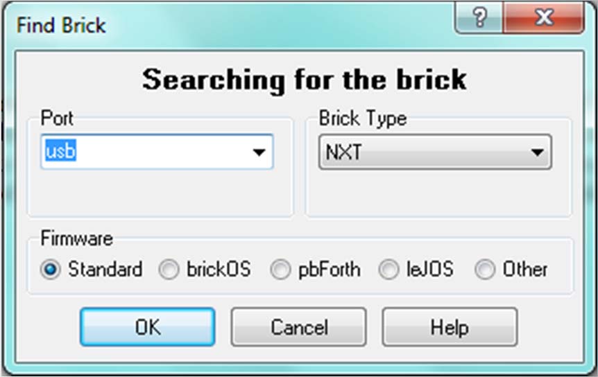 Bricx Command Center Při každém spuštění BricxCC se objeví okno pro identifikaci připojené NXT kostky V roletovém menu Port zvolte buď Automatic nebo usb, v sekci Brick Type zvolte NXT a v