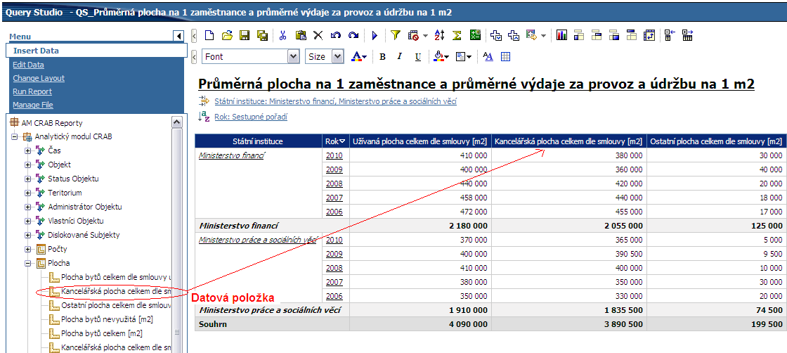 Provádění reportu Setříděná nabídka informací, které mohou být začleněny do reportů.