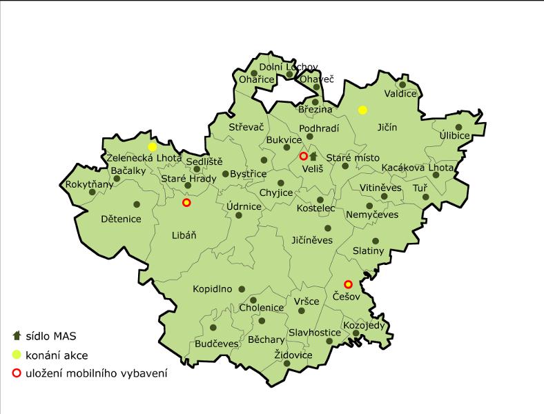 Mapa území KMAS a výstupů projektu Otevřené zahrady