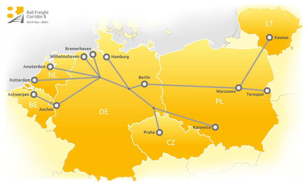 Severní moře Balt Popis koridoru (trasování dle nařízení): Bremerhaven / Rotterdam / Antverpy Cáchy / Berlín Varšava Terespol (polsko- běloruská hranice) / Kaunas Členské státy: Belgie, Nizozemí,