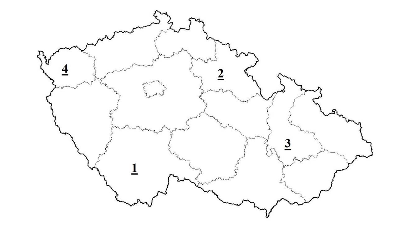 19. Které číslo na mapě označuje Olomoucký kraj? A) 1. B) 2. C) 3. D) 4. 20.