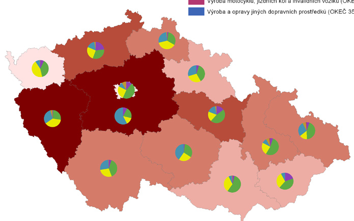 Analýza inovačního potenciálu krajů ČR 41 Obrázek 16: Zaměstnanost v medium high-tech odvětvích zpracovatelského průmyslu (2005) Podíl medium high-tech odvětví na zaměstanosti ve zpracovatelském