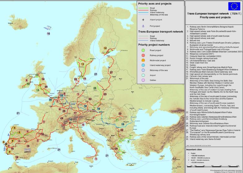 Obr. č. 7: Vymezení klíčových dopravních tahů v rámci TEN-T Zdroj: EK, dostupné on-line http://ec.europa.eu/transport/infrastructure/maps/30_priority_axes_en.htm 1.5.