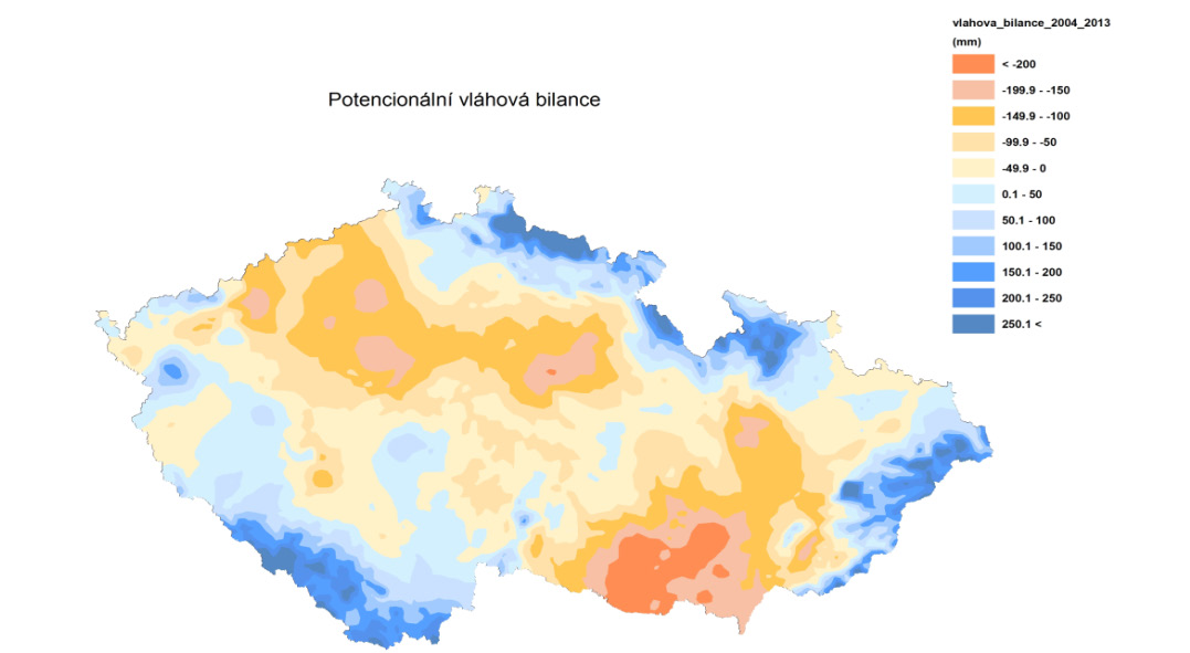 Postižené území suchem z hlediska půdní vláhy Oblast sucha je vymezena škálou barev se záporným znaménkem,