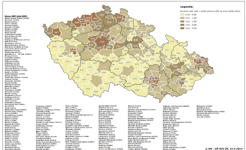 Pro další analýzu dopadů sucha se použijí oblasti s vláhovým deficitem -99,9 - -50 mm a výše léta 2004-13(