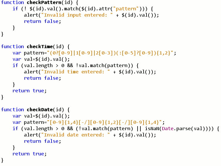 Ukázka možné validace při opuštění pole function checkpattern(id) { if (! $(id).val().match($(id).attr("pattern"))) { alert("invalid input entered: " + $(id).