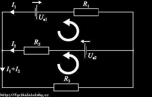 Určete velikosti proudů I 1, I 2, I 3 a napětí U AB mezi body AB (uzly) v následujícím obvodu, je-li U e1 = 6 V, U e2 = 4 V, R 1 = 2 Ω, R 2 = 3 Ω, R 3 = 10 Ω I 3 podle 1.