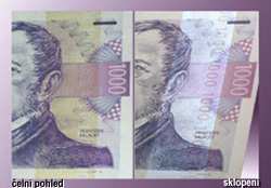 Barva, kterou vidíme při běžném čelním pohledu na bankovku, se při sklopení bankovky proti světlu změní na barvu zcela jinou, např. zlatá na zelenou. Iridiscentní pruh Tzv.