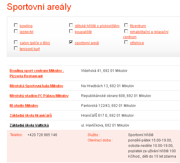 Příklad rozšíření webovské stránky: Aktuálně webovský portál města Mikulov informuje například o sportovních areálech v členění výběru dle sportu.