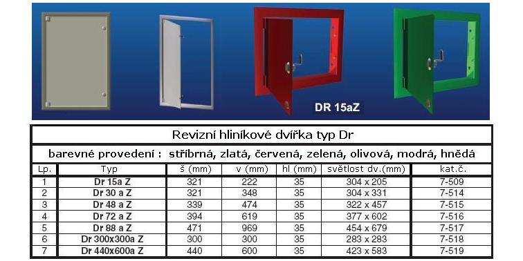 REVIZNÍ DVÍŘKA Hliníkové, barevné - TYP DR Dvířka jsou vyrobené z hliníkových profilů a hliníkového plechu v různých barevných odstínech.