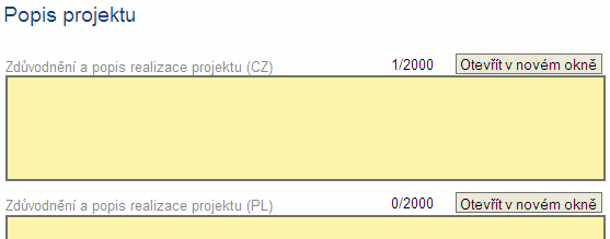 Záložka Popis projektu Tato záložka obsahuje několik textových polí pro oba jazyky.