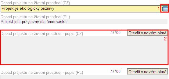 zvolíme, že je projekt ve vztahu k danému jiný než neutrální, je nutné vyplnit i pole Popis (2), ač nebude