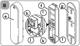 4. Eolis 3D WireFree TM io podrobně Obrázek B e. Kryt g. Držák i. Tlačítko programování (PROG.) j. Oranžová signálka k. Zelená signálka l. Uložení baterií f. Senzor h. Potenciometr 5. Instalace 5.