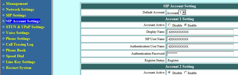 2.9. Nastavení SIP protokolu Klikněte na SIP Settings. Objeví se následující konfigurační okno. Do políčka Registration Server Domain Name IP Address vyplňte viphone.cz.