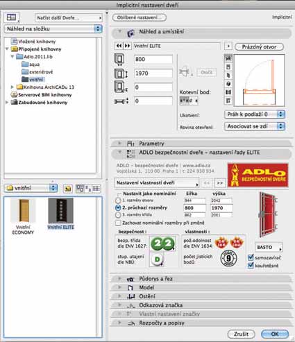 Prosklené dveře mají navíc parametry pro zobrazení rámečku, kde je k dispozici typ plochý nebo oblý a barevnost. (obr.