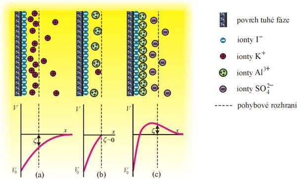 Schema elektrické dvojvrstvy a jejího ovlivnění. Tloušťka dvojvrstvy může být ovlivněna řadou faktorů. Nejdůležitější je vliv přítomnosti elektrolytů.