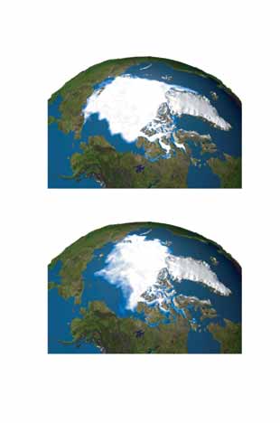 8 Satelitní snímky polární ledové čepičky Snímek mořského ledu, září 1979 Toto oteplování je způsobeno vzrůstajícím množstvím skleníkových plynů vznikajících v důsledku lidských činností a stále se
