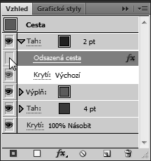 ty) na řádku Odsazená cesta (Offset Path), abyste si tento efekt opět zobrazili. Klepnutím na ikonu oka v panelu Vzhled (Appearance) příslušný efekt zrušíte, aniž byste ho vymazali.