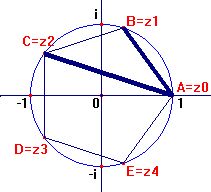 Řešení S-I-4-2 Mějme pětiúhelník ABCDE s kružnicí opsanou o poloměru 1j. Vrcholy tohoto pětiúhelníka si můžeme znázornit v Gaussově rovině komplexních čísel jako řešení rovnice z 5 1 = 0.