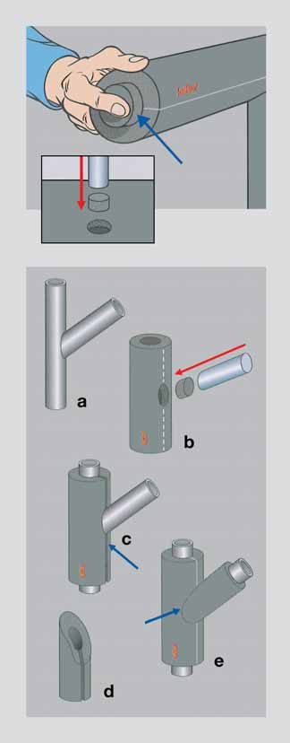 Izolace koncû potrubních tras Pomocí dûrovaãe si v izolaãním materiálu vyrazíme kulat otvor, k ãemuï nám poslouïí profiezy. Tento tvar odpovídá vnitfinímu prûmûru izolaãní hadice KAIFLEX.