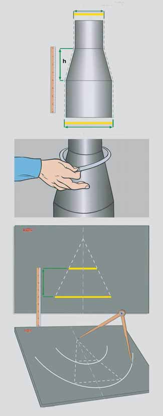 IZOLACE POTRUBNÍCH REDUKCæ Pro izolaci potrubí o dvou rûzn ch prûmûrech je tfieba znát jeho pfiesn geometrick prûbûh. Nejdfiíve je tfieba zmûfiit v ku redukce.