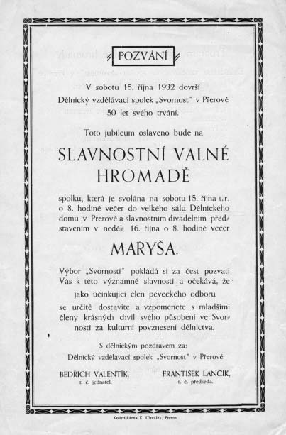 Pozvánka na slavnostní valnou