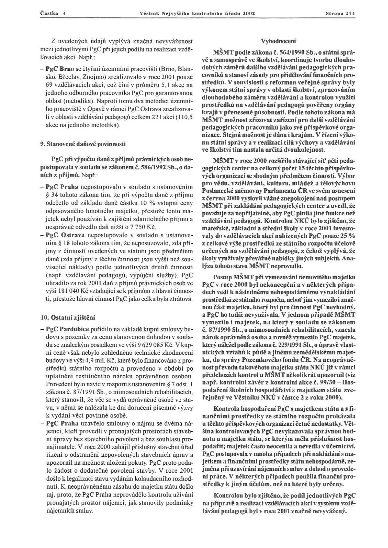 6 í.lka 4 VhlDlk l"iejvylišlho kontrolnlho ůfadu 2002 S1l'llna214 Z uveden ých údajů vyplývá zna č ná nevyvá ženost mezijednotlivými PgC při jejich podílu na realizaci vzdč lávacich akci. Např.