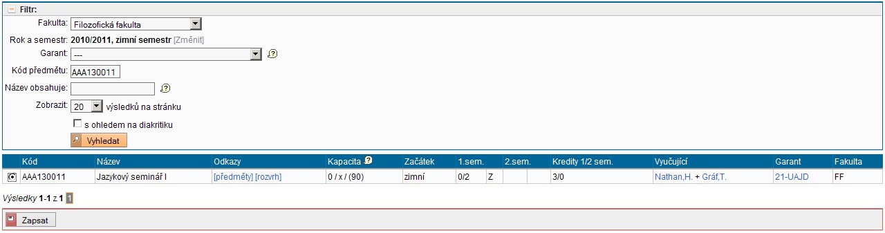 c) Pomocí přepínče zvolíte poždovné konání předmětu stisknete tlčítko Zpst.