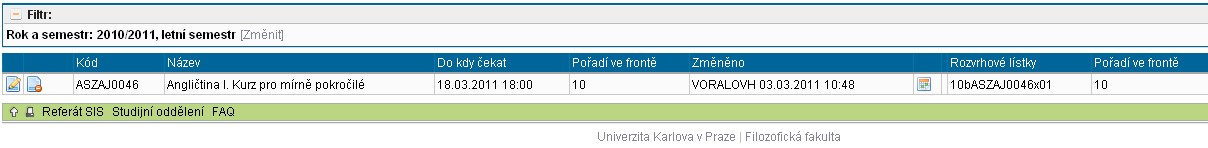 V seznmu zpsných předmětů stiskněte ikonu předmětu, u kterého chcete vyrt jiné konání semináře