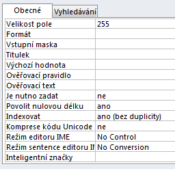 Vlastnosti atributů - text indexování jednotlivých polí index umožňuje rychlejší vyhledávání v daném poli, seskupování a třídění dat u indexování se také nastavuje hodnota, zda-li je