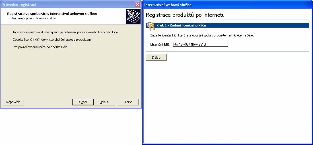 Zadání licenčního klíče V následujícím kroku Průvodce registrací může dojít k dvojí situaci, v závislosti na předchozí učiněné volbě.