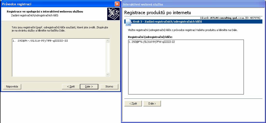 Ihned po klepnutí na tlačítko Dále jsou v okně Průvodce zobrazeny registrační klíče, které jsou automaticky přeneseny do čekajícího okna webové služby.