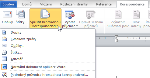 Hromadná korespondence Jestliže vytváříme hromadnou korespondenci od začátku, je vhodné využít průvodce.