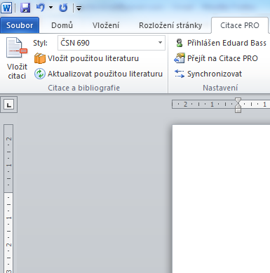 Doplněk do Wordu - popis rozhraní Vložit citaci - slouží pro vložení citace do textu, po kliknutí vyberte dokument a potvrďte tlačítkem Vložit. V textu se pak zobrazí zkrácená citace.