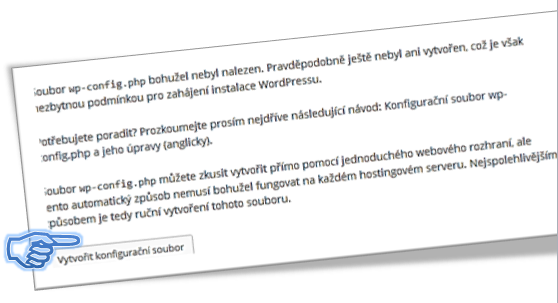 Soubor wp-config.php můžete zkusit vytvořit přímo pomocí jednoduchého webového rozhraní, ale tento automatický způsob nemusí bohužel fungovat na každém hostingovém serveru.