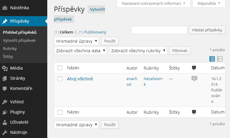 Jak vytvořit příspěvek složka příspěvky (přehled příspěvků) Ve složce Příspěvky máte čtyři zákadní nabídky přehled příspěvků viz. obrázek nad textem, vyvořit příspěvek, rubriky a štítky.