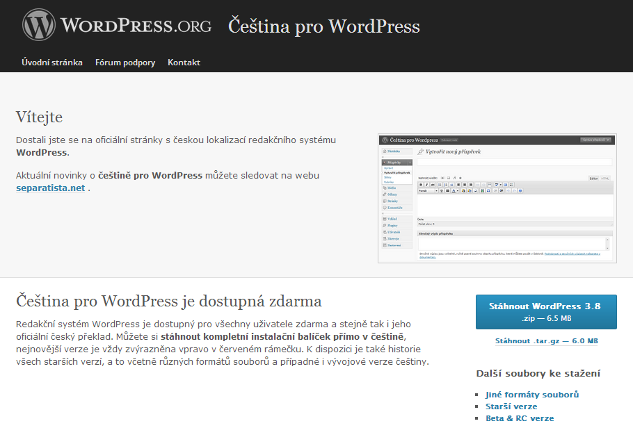 Instalace Stažení instalačního balíku WordPress Stáhnout systém se dá skoro všude. Pro stažení doporučuji oficiální web WP, kde si stáhnete v češtině aktuální verzi.