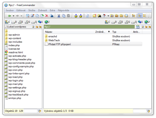 Nahrání souborů na disk (webový prostor) Pro nahrání instalačních WP souborů budete potřebovat nějaký program (klienta) s možností FTP (File Transfer Protocol).