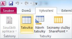 TABULKY Vytvoření tabulky pomocí nástroje Tabulka Na kartě Vytvoření klepněte ve skupině Tabulky na položku Tabulka. Otevře se nová tabulka s názvem Tabulka1 v zobrazení datového listu.