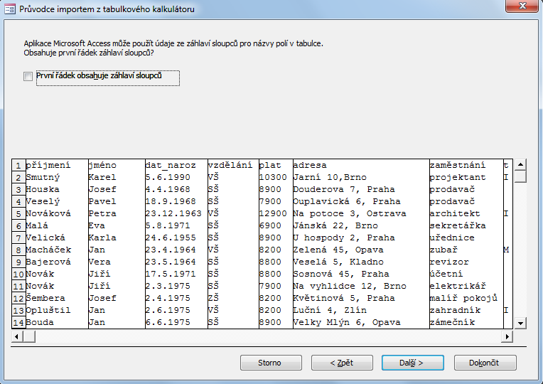 PŘÍKLAD TABULKY 3.2.2 Příklad 2 Nová tabulka pomocí importu dat Zadání soubor Příklad_02.accdb, Příklad_02.xls Vytvořte pomocí importu dat (zdrojový soubor Tabulka_02.xls) tabulku Zaměstnanci.