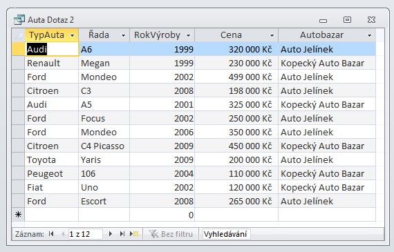 PŘÍKLAD DOTAZY 5.6.1 Příklad 6 Výběrové dotazy Soubor Příklad_06.accdb Zadání 1 Vytvořte následující výběrový dotaz s názvem Auta_dotaz pomocí nástroje Průvodce dotazem.